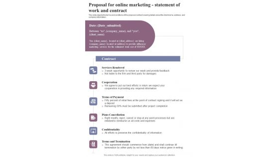 Proposal For Online Marketing Statement Of Work And Contract One Pager Sample Example Document