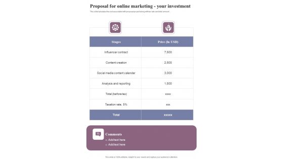 Proposal For Online Marketing Your Investment One Pager Sample Example Document