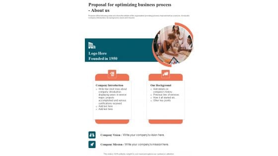 Proposal For Optimizing Business Process About Us One Pager Sample Example Document Proposal For Optimizing Business Process About Us One Pager Sample Example Document