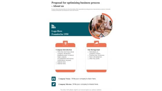 Proposal For Optimizing Business Process About Us One Pager Sample Example Document