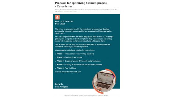 Proposal For Optimizing Business Process Cover Letter One Pager Sample Example Document