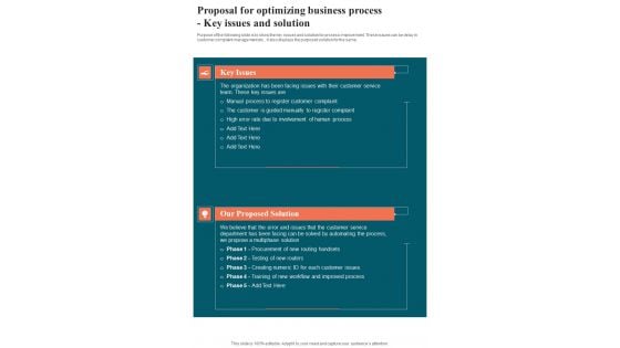 Proposal For Optimizing Business Process Key Issues And Solution One Pager Sample Example Document Proposal For Optimizing Business Process Key Issues And Solution One Pager Sample Example Document