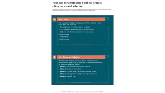 Proposal For Optimizing Business Process Key Issues And Solution One Pager Sample Example Document