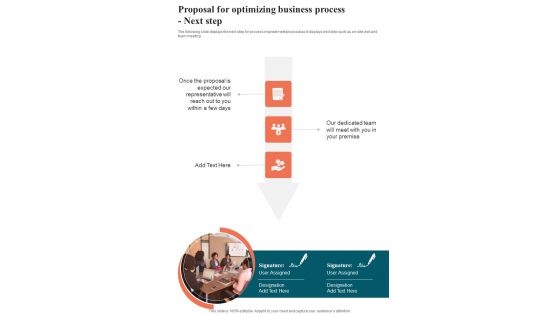 Proposal For Optimizing Business Process Next Step One Pager Sample Example Document