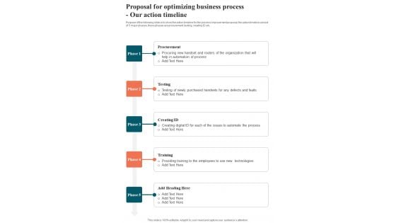 Proposal For Optimizing Business Process Our Action Timeline One Pager Sample Example Document