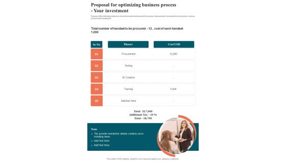 Proposal For Optimizing Business Process Your Investment One Pager Sample Example Document