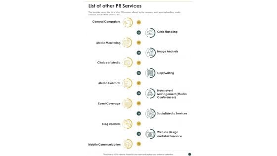 Proposal For PR Campaign List Of Other Pr Services One Pager Sample Example Document Proposal For PR Campaign List Of Other Pr Services One Pager Sample Example Document