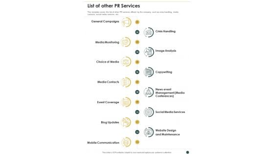 Proposal For PR Campaign List Of Other Pr Services One Pager Sample Example Document