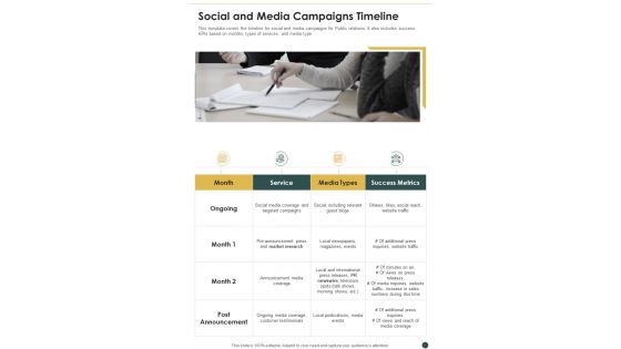Proposal For PR Campaign Social And Media Campaigns Timeline One Pager Sample Example Document