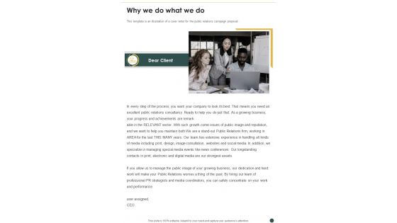 Proposal For PR Campaign Why We Do What We Do One Pager Sample Example Document