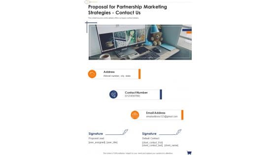 Proposal For Partnership Marketing Strategies Contact Us One Pager Sample Example Document