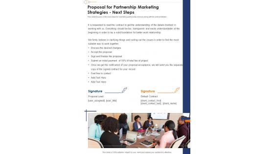 Proposal For Partnership Marketing Strategies Next Steps One Pager Sample Example Document