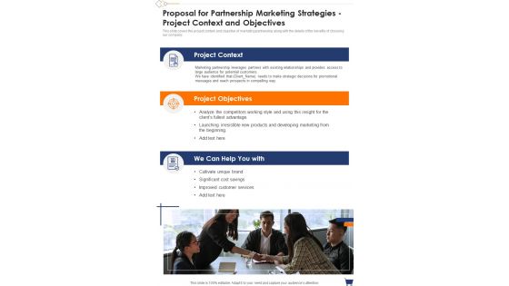 Proposal For Partnership Marketing Strategies Project Context And Objectives One Pager Sample Example Document