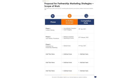 Proposal For Partnership Marketing Strategies Scope Of Work One Pager Sample Example Document Proposal For Partnership Marketing Strategies Scope Of Work One Pager Sample Example Document