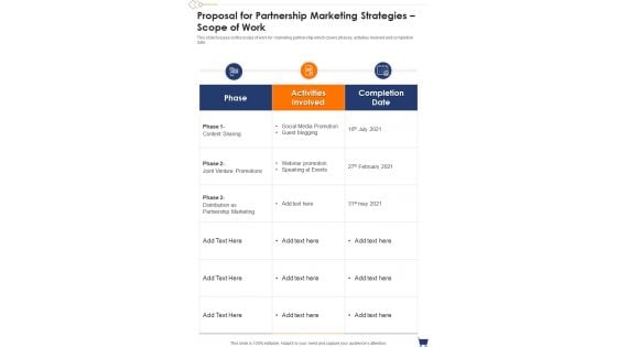 Proposal For Partnership Marketing Strategies Scope Of Work One Pager Sample Example Document