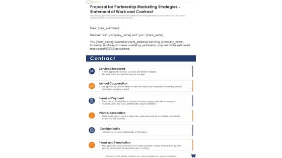 Proposal For Partnership Marketing Strategies Statement Of Work And Contract One Pager Sample Example Document