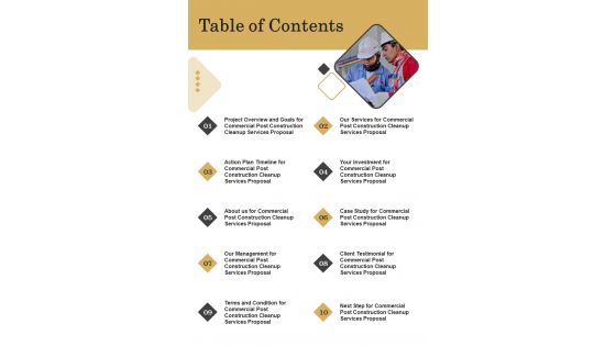 Proposal For Post Construction Commercial Spaces Cleaning Services Table Of Contents One Pager Sample Example Document Proposal For Post Construction Commercial Spaces Cleaning Services Table Of Contents One Pager Sample Example Document