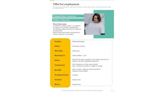 Proposal For Preparing JD Offer For Employment One Pager Sample Example Document
