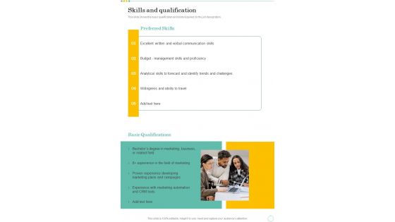 Proposal For Preparing JD Skills And Qualification One Pager Sample Example Document