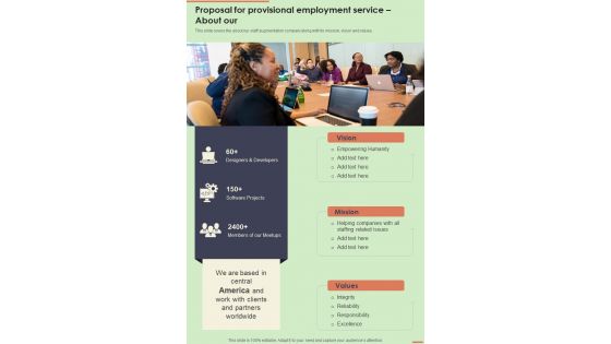 Proposal For Provisional Employment Service About Our One Pager Sample Example Document