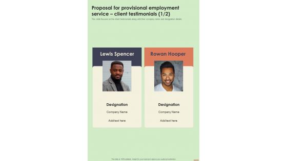 Proposal For Provisional Employment Service Client Testimonials One Pager Sample Example Document Proposal For Provisional Employment Service Client Testimonials One Pager Sample Example Document