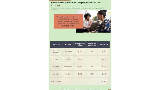 Proposal For Provisional Employment Service Cost One Pager Sample Example Document