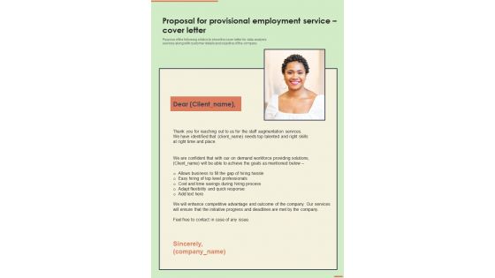 Proposal For Provisional Employment Service Cover Letter One Pager Sample Example Document