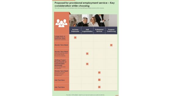 Proposal For Provisional Employment Service Key Consideration One Pager Sample Example Document