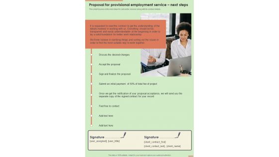 Proposal For Provisional Employment Service Next Steps One Pager Sample Example Document
