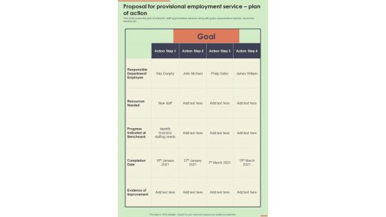 Proposal For Provisional Employment Service Plan Of Action One Pager Sample Example Document