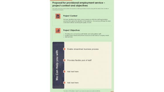 Proposal For Provisional Employment Service Project Context One Pager Sample Example Document
