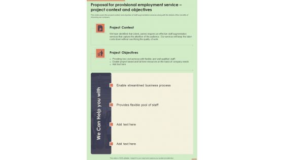 Proposal For Provisional Employment Service Project Context One Pager Sample Example Document Proposal For Provisional Employment Service Project Context One Pager Sample Example Document