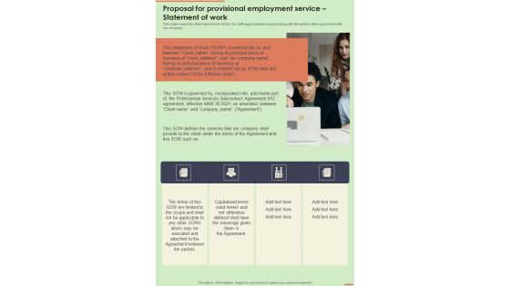 Proposal For Provisional Employment Service Statement Of Work One Pager Sample Example Document