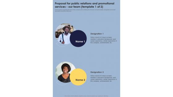 Proposal For Public Relations And Promotional Services Our Team One Pager Sample Example Document Proposal For Public Relations And Promotional Services Our Team One Pager Sample Example Document