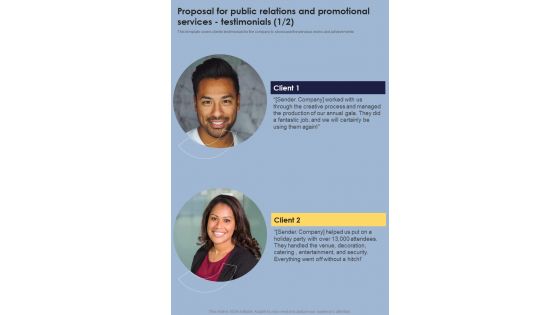 Proposal For Public Relations And Promotional Services Testimonials One Pager Sample Example Document