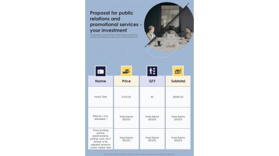 Proposal For Public Relations And Promotional Services Your Investment One Pager Sample Example Document Proposal For Public Relations And Promotional Services Your Investment One Pager Sample Example Document