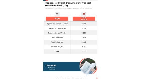 Proposal For Publish Documentary Proposal Your Investment One Pager Sample Example Document