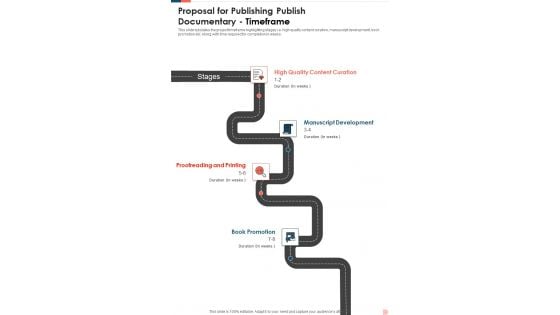 Proposal For Publishing Publish Documentary Timeframe One Pager Sample Example Document