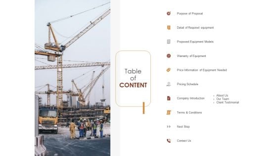 Proposal For Purchasing New Equipment Table Of Content Ppt Pictures Demonstration PDF