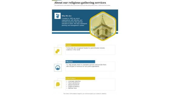 Proposal For Religious Gathering About Our Religious One Pager Sample Example Document