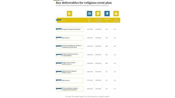 Proposal For Religious Gathering Key Deliverables One Pager Sample Example Document