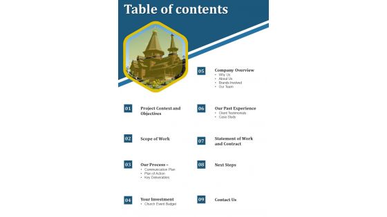 Proposal For Religious Gathering Table Of Contents One Pager Sample Example Document