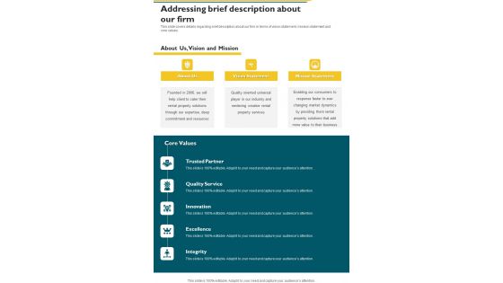 Proposal For Renting Office Building Addressing Brief Description About One Pager Sample Example Document