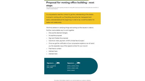 Proposal For Renting Office Building Next Steps One Pager Sample Example Document