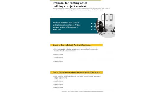 Proposal For Renting Office Building Project Context One Pager Sample Example Document