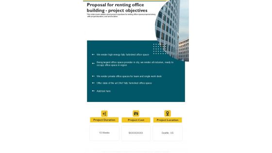 Proposal For Renting Office Building Project Objectives One Pager Sample Example Document