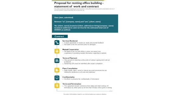 Proposal For Renting Office Building Statement Of Work And Contract One Pager Sample Example Document