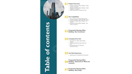 Proposal For Renting Office Building Table Of Contents One Pager Sample Example Document