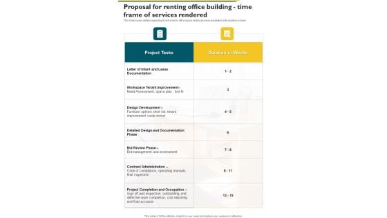 Proposal For Renting Office Building Time Frame Of Services Rendered One Pager Sample Example Document Proposal For Renting Office Building Time Frame Of Services Rendered One Pager Sample Example Document