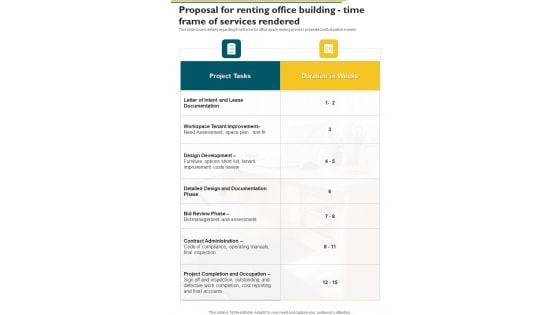 Proposal For Renting Office Building Time Frame Of Services Rendered One Pager Sample Example Document